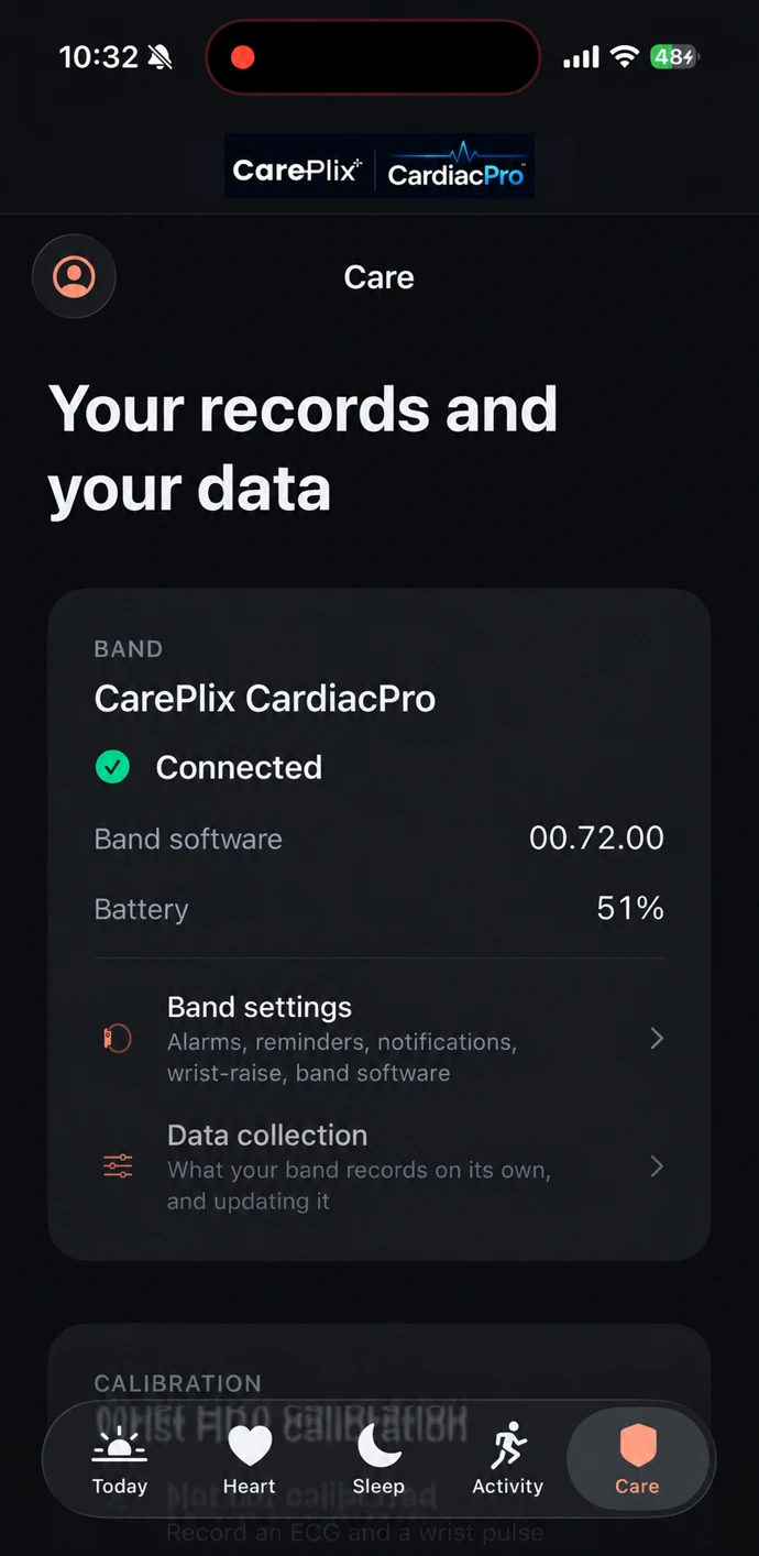 CarePlix CardiacPro connected band and data controls screen