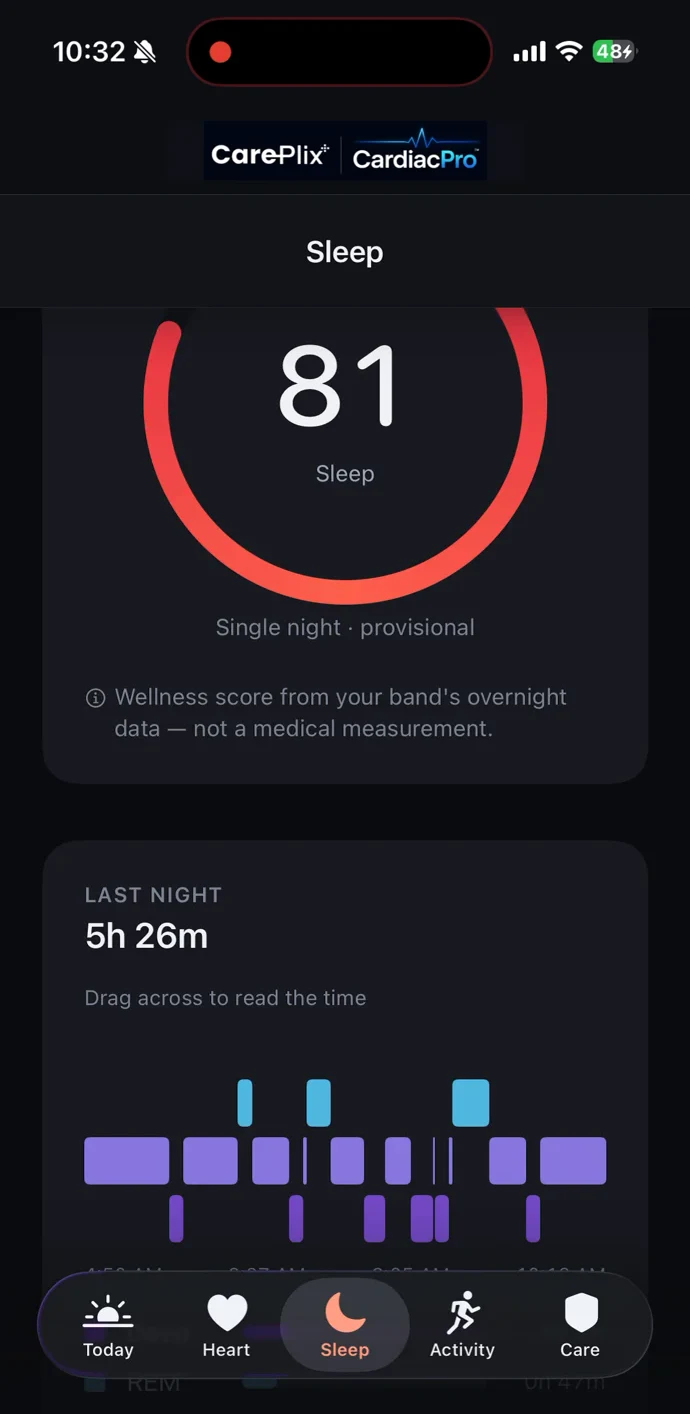 CarePlix CardiacPro Sleep screen