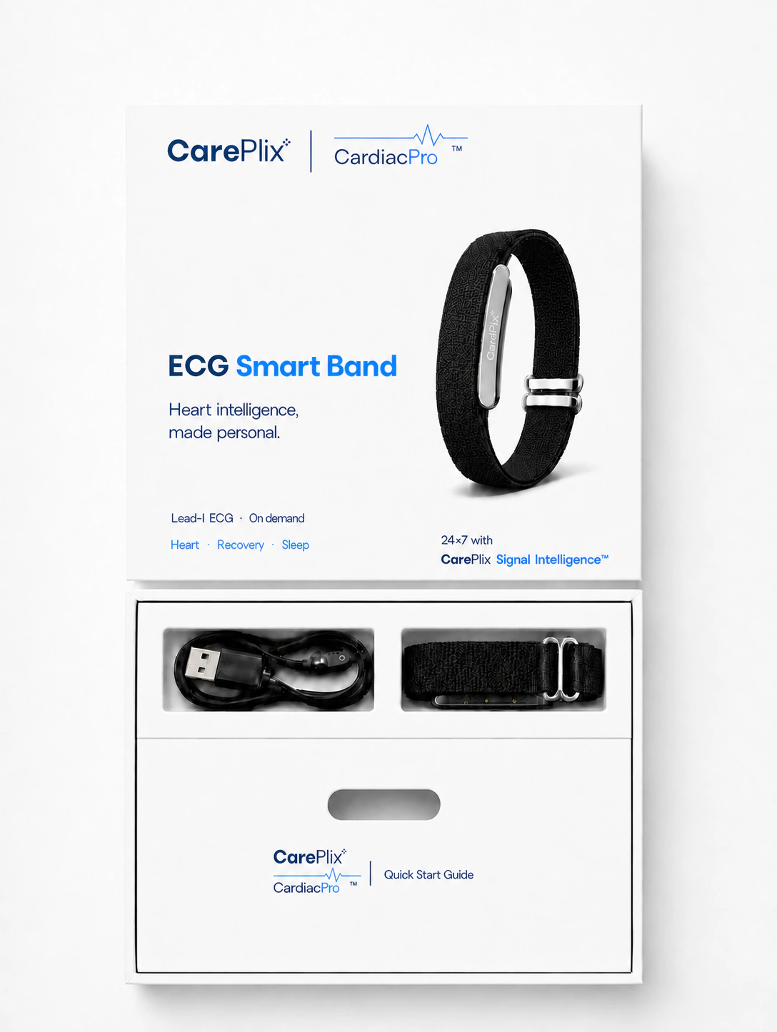 Open CarePlix CardiacPro package featuring Lead-I ECG, 24×7 CarePlix Signal Intelligence, the Smart Band, charging cable and Quick Start Guide